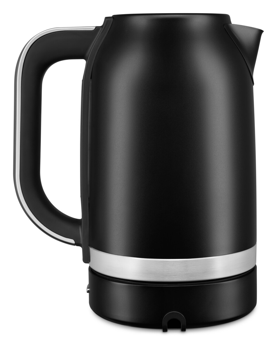 Schwarzer Wasserkocher, silberner Sockel, schwarzer Griff.