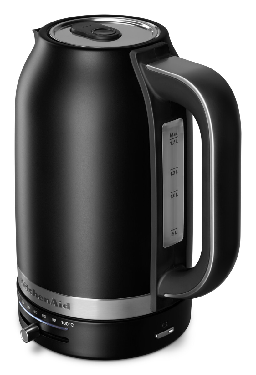 Ein schwarzer KitchenAid Wasserkocher mit Temperaturregler und Wasserstandsanzeige an der Seite.