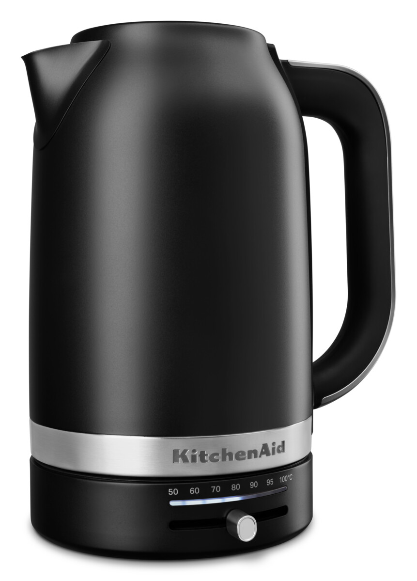 Ein schwarzer elektrischer Wasserkocher von KitchenAid mit einem silbernen Band und einem Temperaturregler.