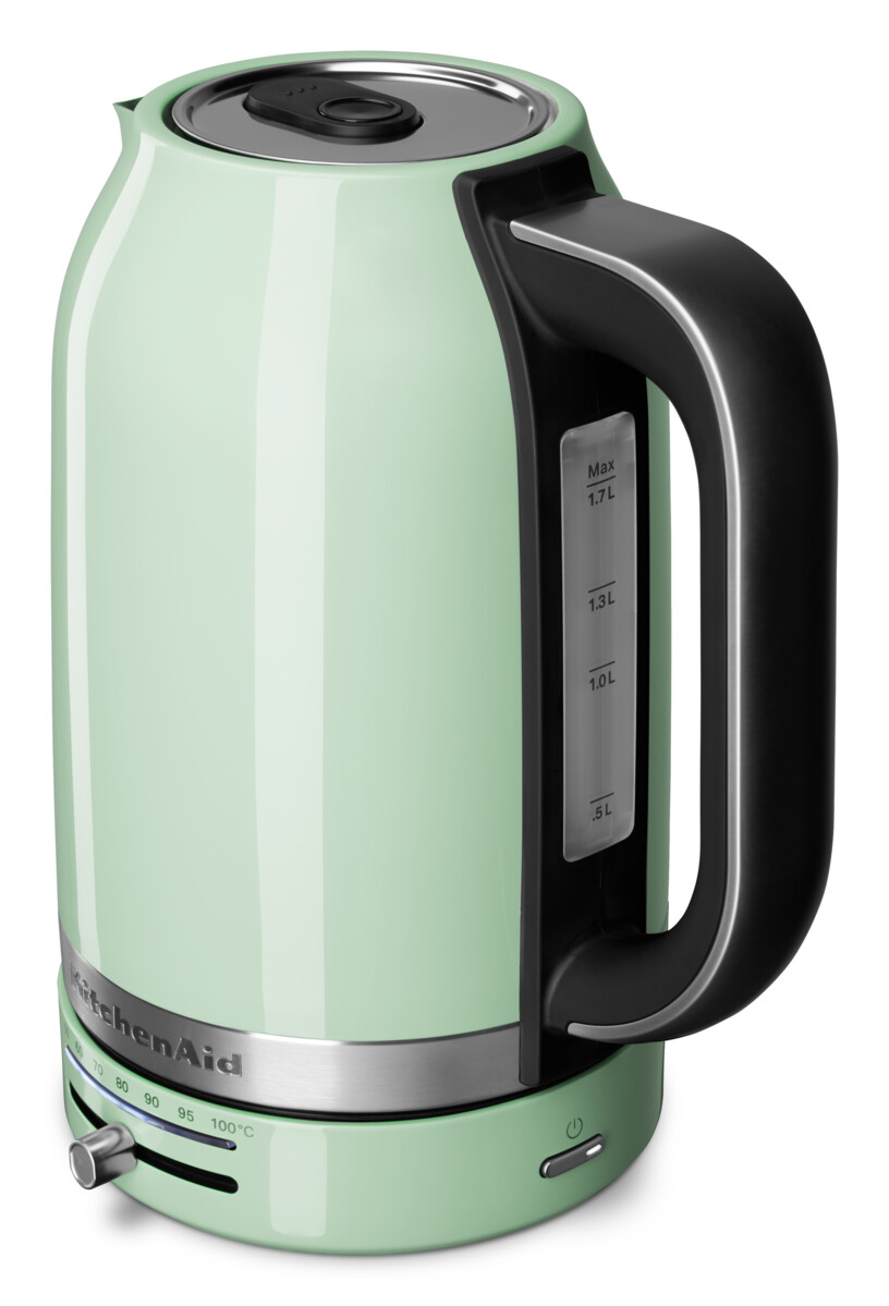 Ein mintgrüner Wasserkocher mit schwarzem Griff. Er hat eine Wasserstandsanzeige.