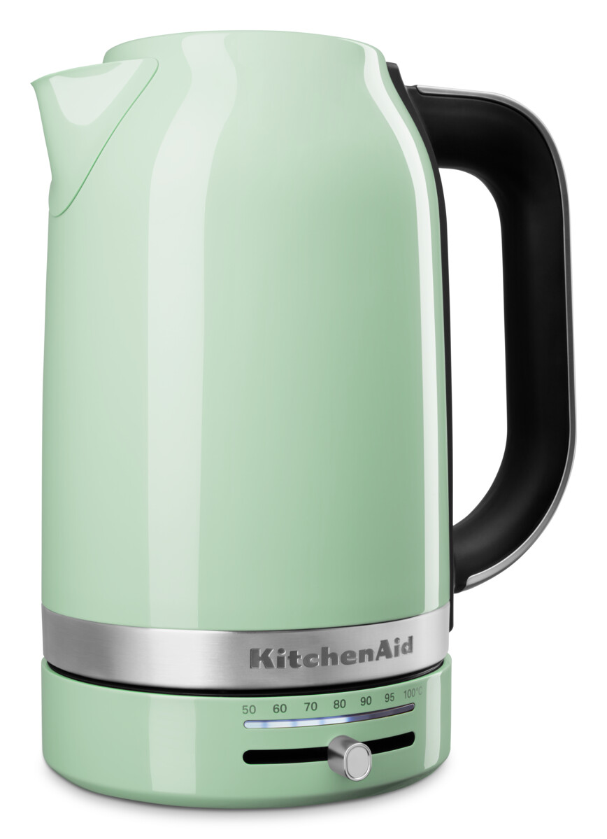 Minzgrüner KitchenAid-Wasserkocher. Schwarzer Griff, Chromsockel, Temperaturregler.