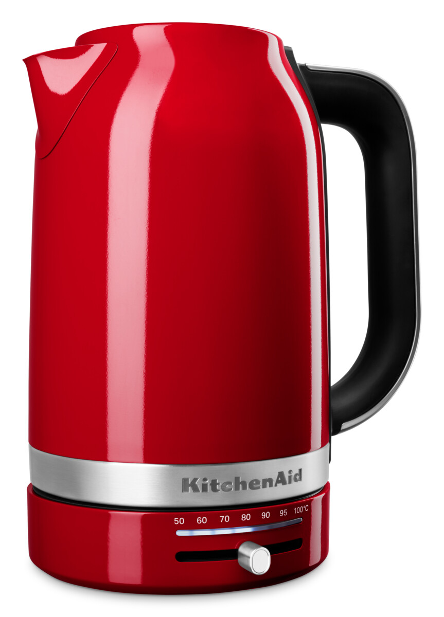 Ein roter KitchenAid-Wasserkocher mit schwarzem Griff, silbernem Sockel und Temperaturregler.