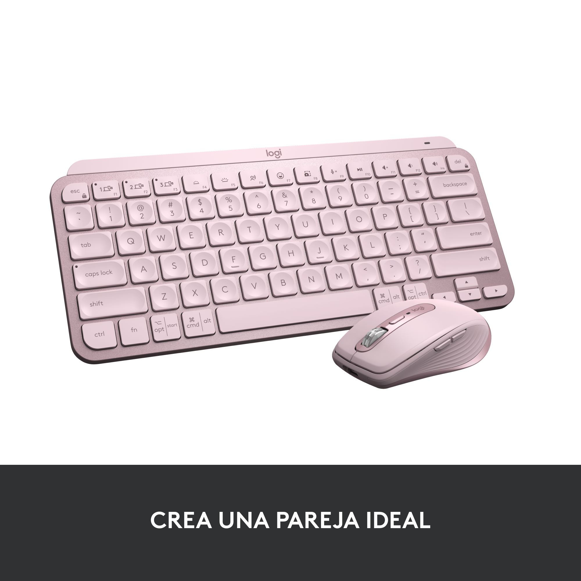 Teclado y ratón inalámbricos rosas. Fondo blanco. Texto: Crea una pareja ideal (crea un par ideal).