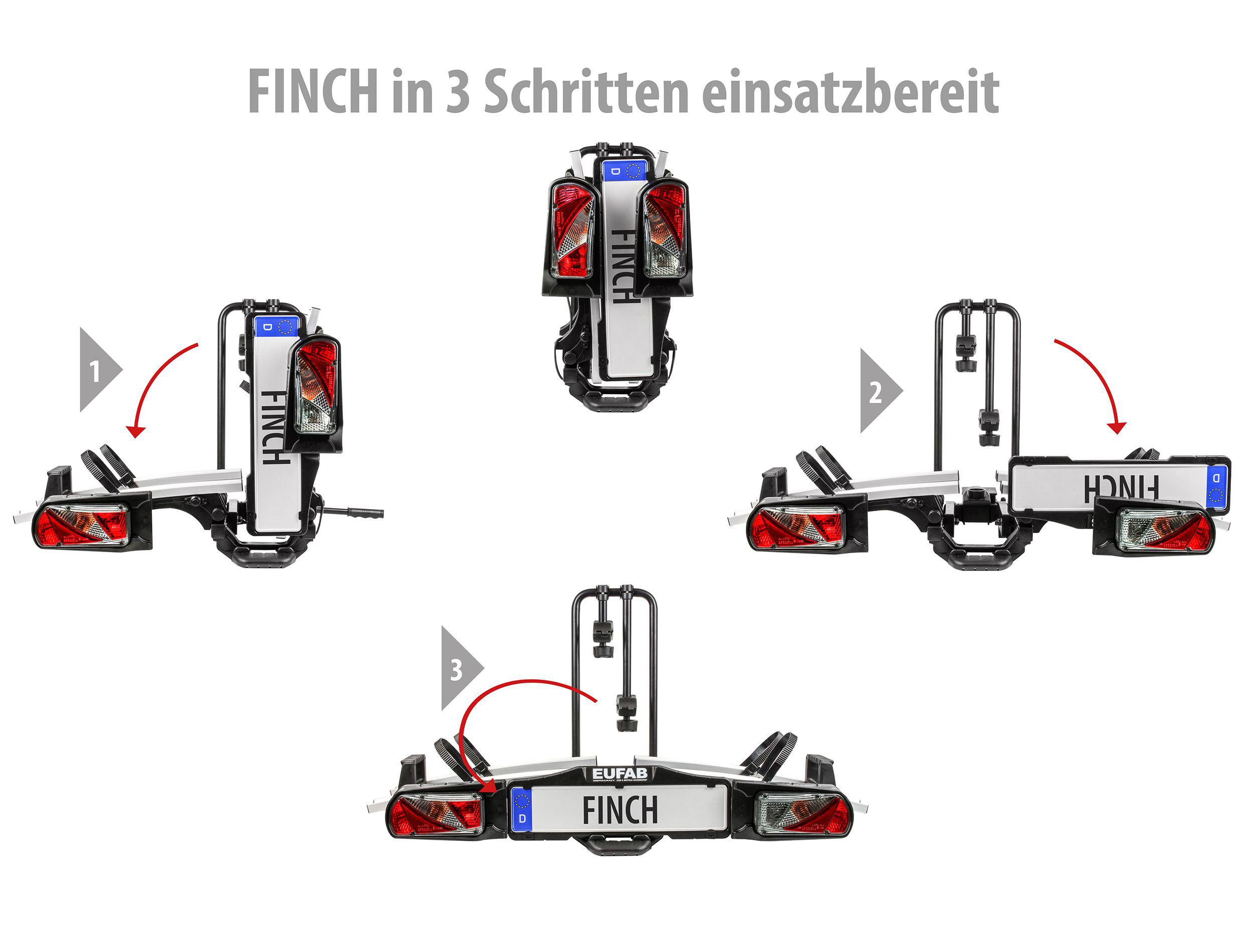 Dreistufige Anleitung zur Montage einer Anhängerkupplung für einen FINCH. Weißer Hintergrund und Produkt.
