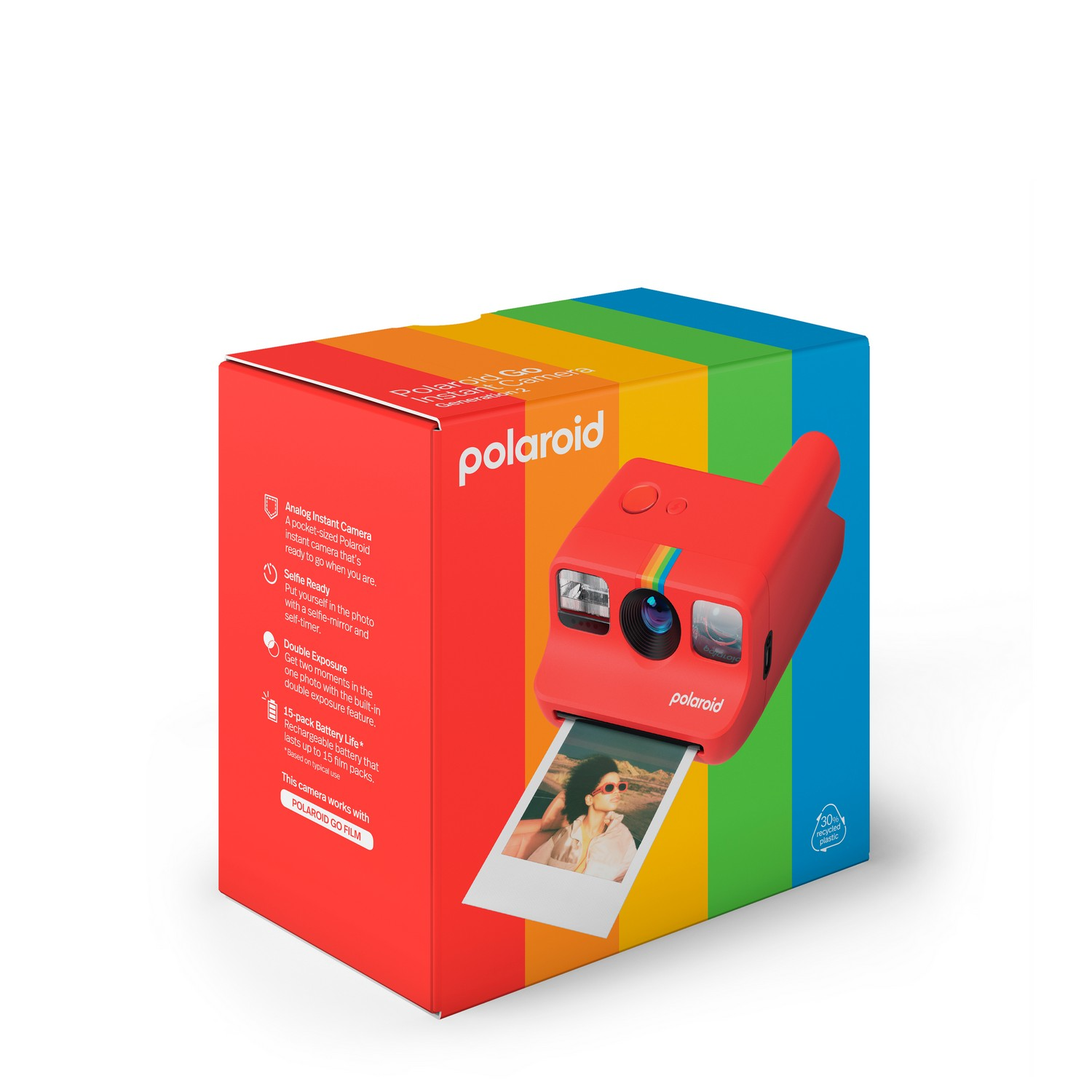 Een rode Polaroid camera met een regenboogstreep op de verpakking. Er komt een foto uit.