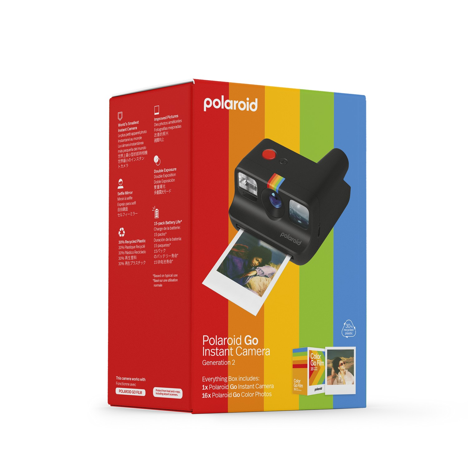 A Polaroid camera box with a camera and film inside. The box is colorful with text.