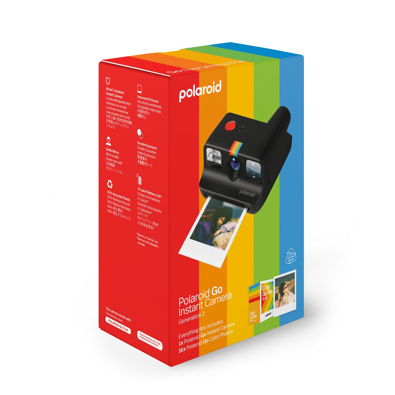 Black Polaroid Go instant camera in a rainbow-striped box. The box has text and images of photos.