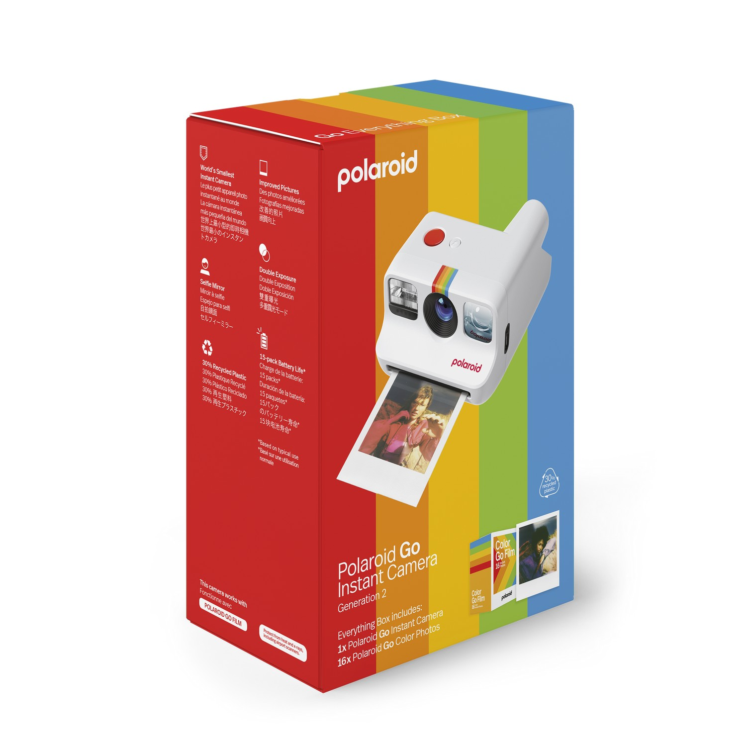 Une boîte d'appareil photo instantané Polaroid Go. La boîte montre l'appareil photo et le pack de films couleur.