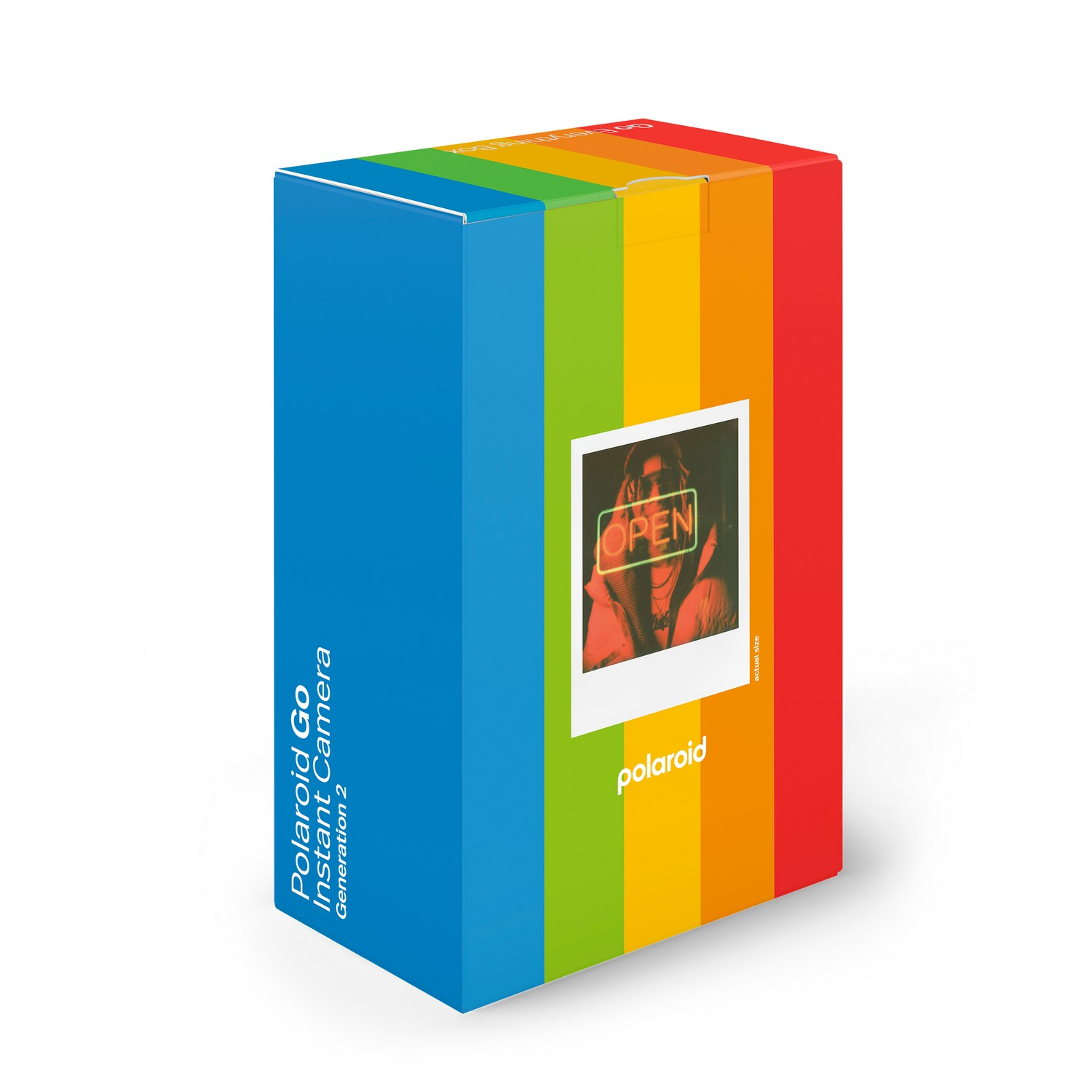 Boîte de l'appareil photo instantané Polaroid Go avec des couleurs arc-en-ciel, une photo et le logo Polaroid.