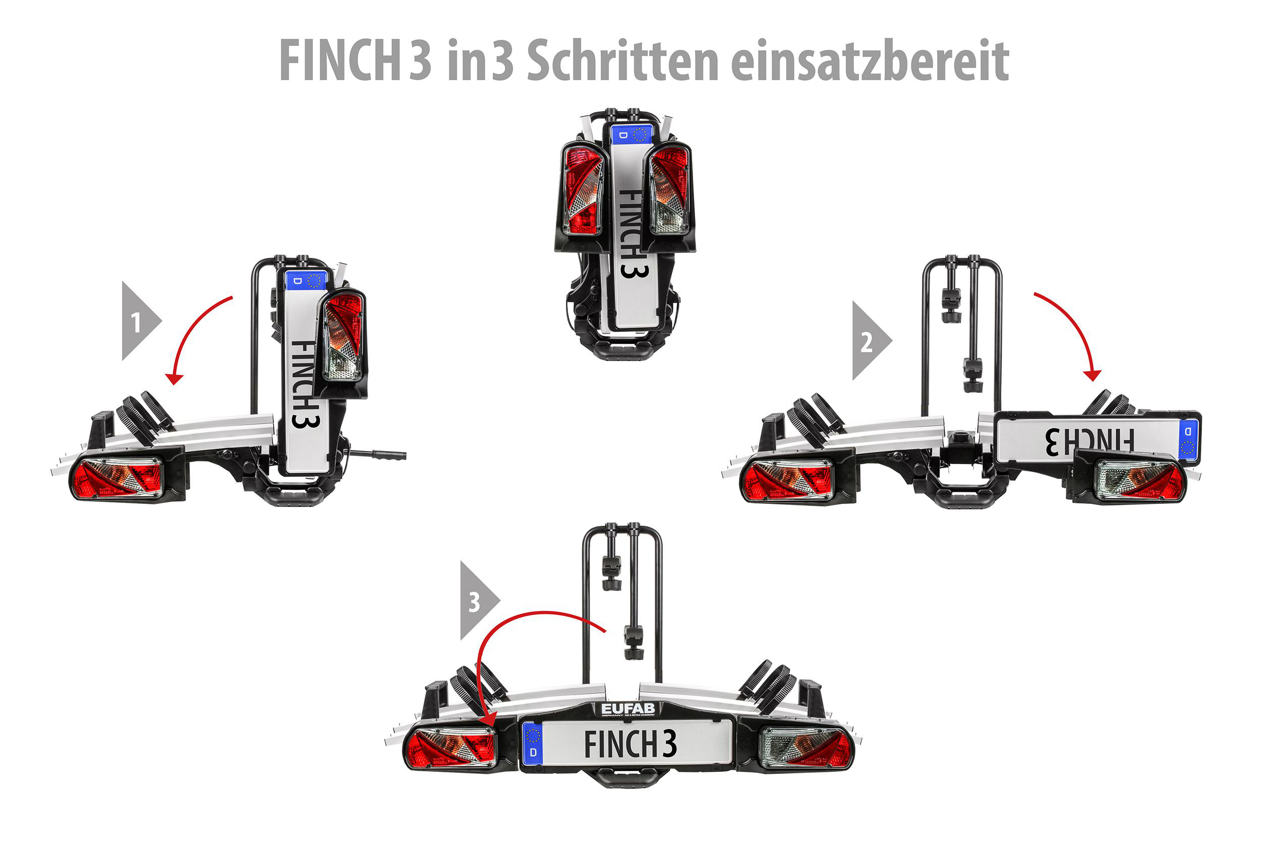 Ein Fahrradträger mit drei Schritten zum Aufbau.