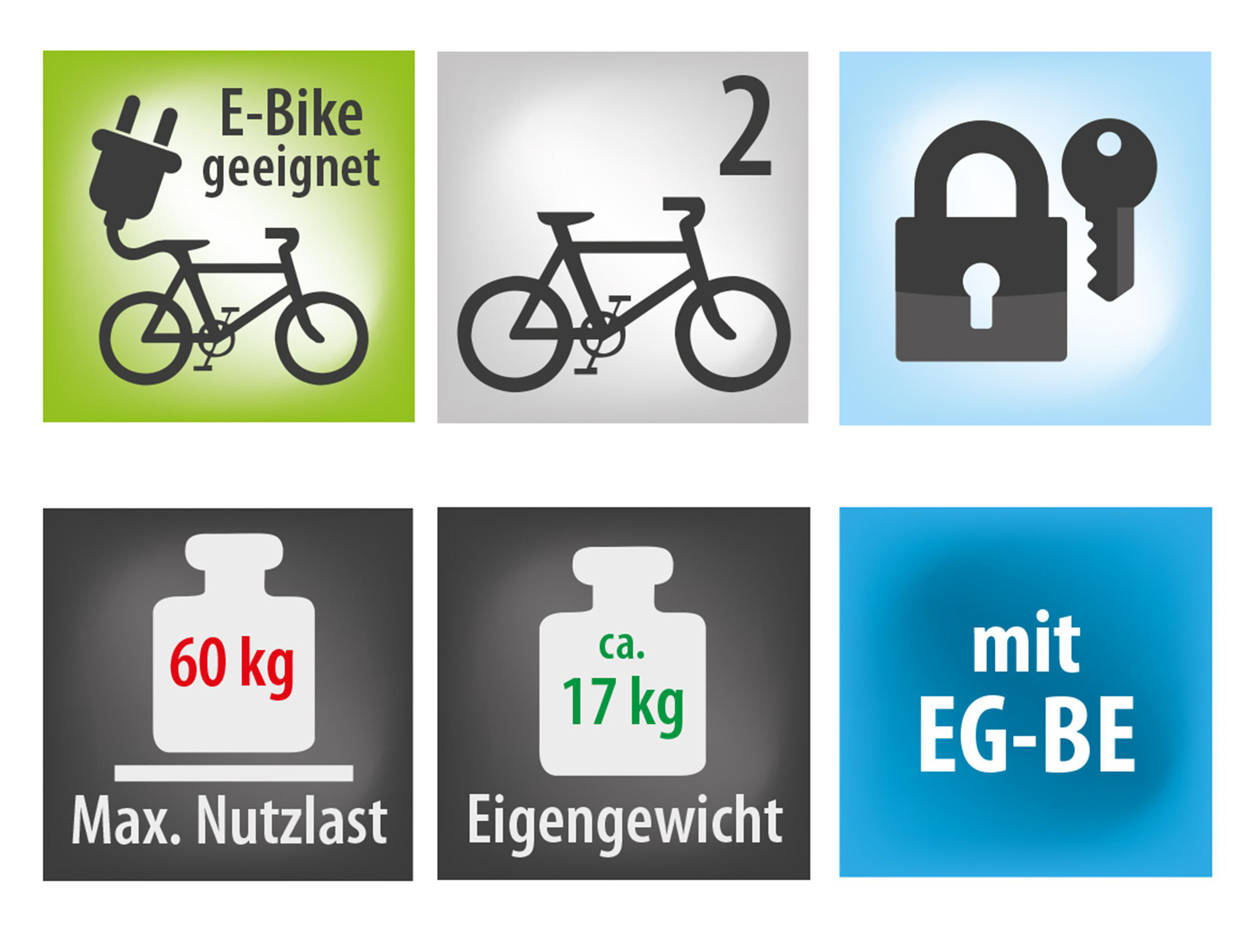 Symbole, die ein E-Bike, Fahrrad, Schloss & Schlüssel, Gewichtsgrenzen zeigen.