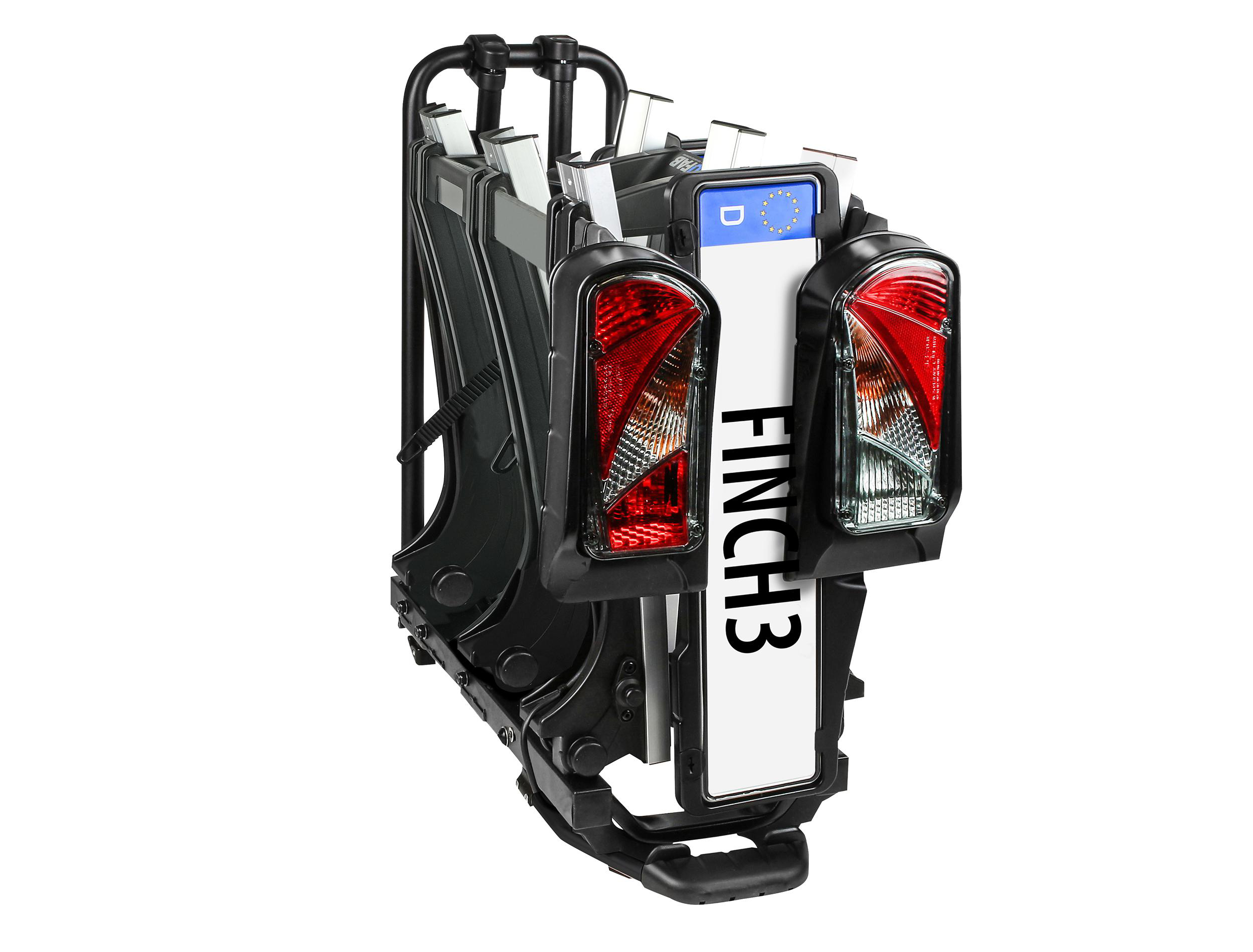 Ein Autogepäckträger mit Lichtern und einem Nummernschild, das den Text FINCH3 anzeigt.