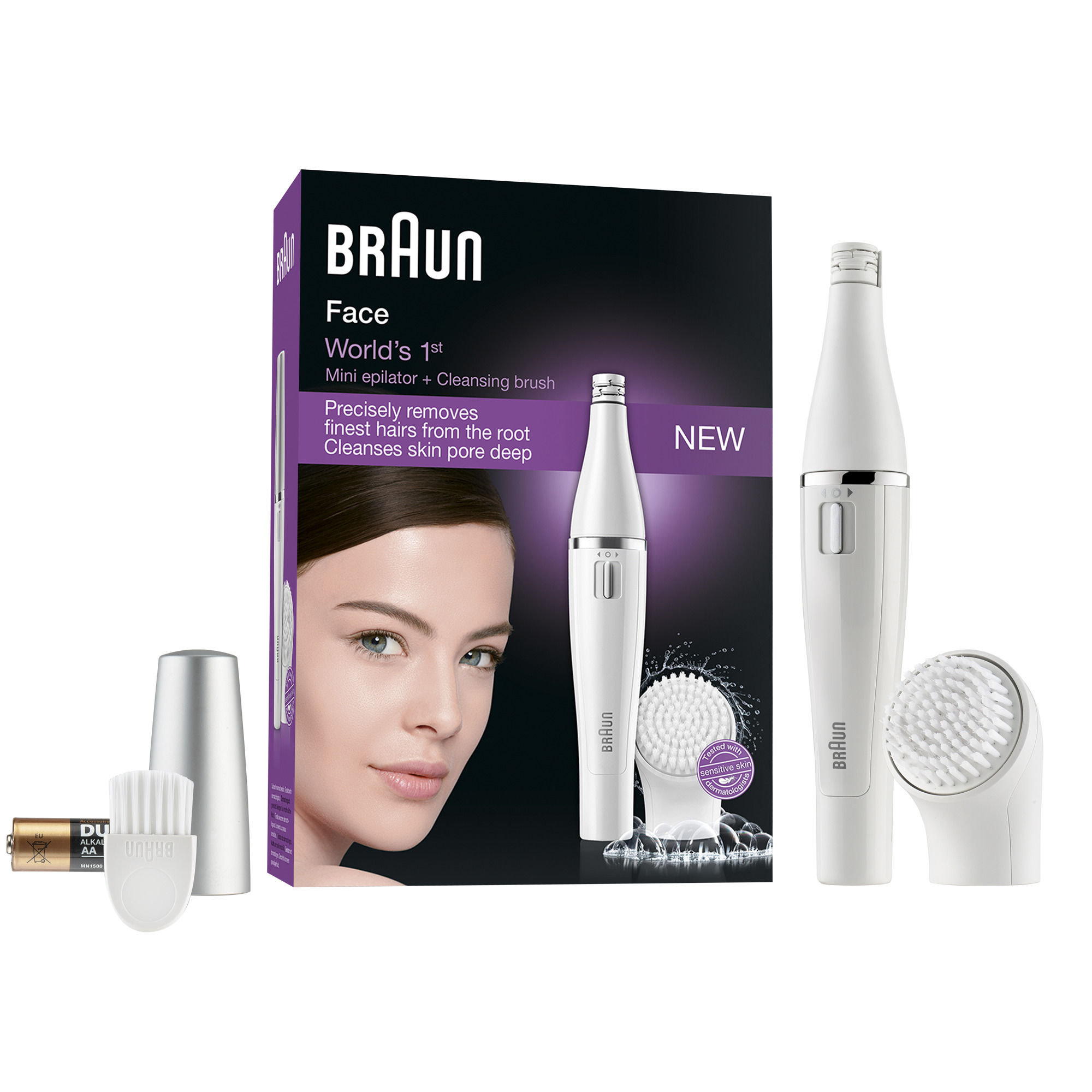 Set de depiladora facial y cepillo limpiador Braun. Incluye depiladora, cepillo y pilas.