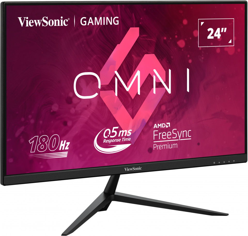 ViewSonic gaming monitor. Fekete képernyő, piros és fehér grafika, fekete állvány.