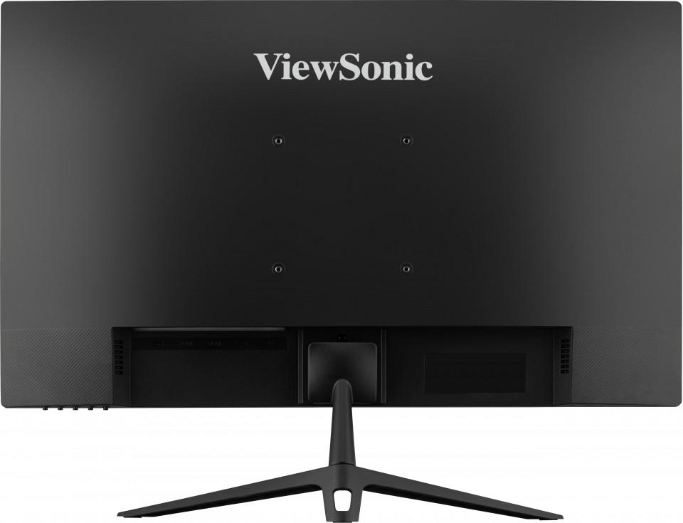 Egy fekete ViewSonic számítógép monitor hátulról, állvánnyal.