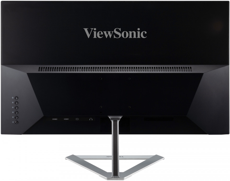 Egy fekete ViewSonic monitor hátulja ezüst állvánnyal.