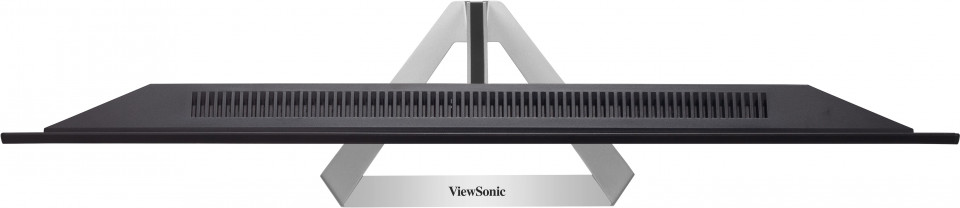 A ViewSonic monitor hátulja. Ezüst színű, állvánnyal és szellőzőnyílásokkal.