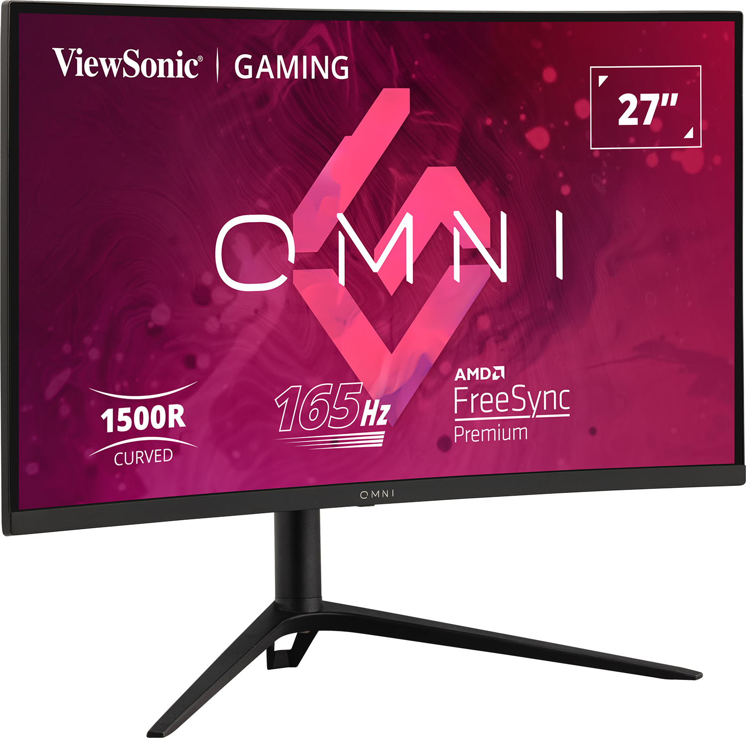 ViewSonic gaming monitor. Fekete keret. Ívelt, 165Hz. OMNI logó. Fehér háttér.