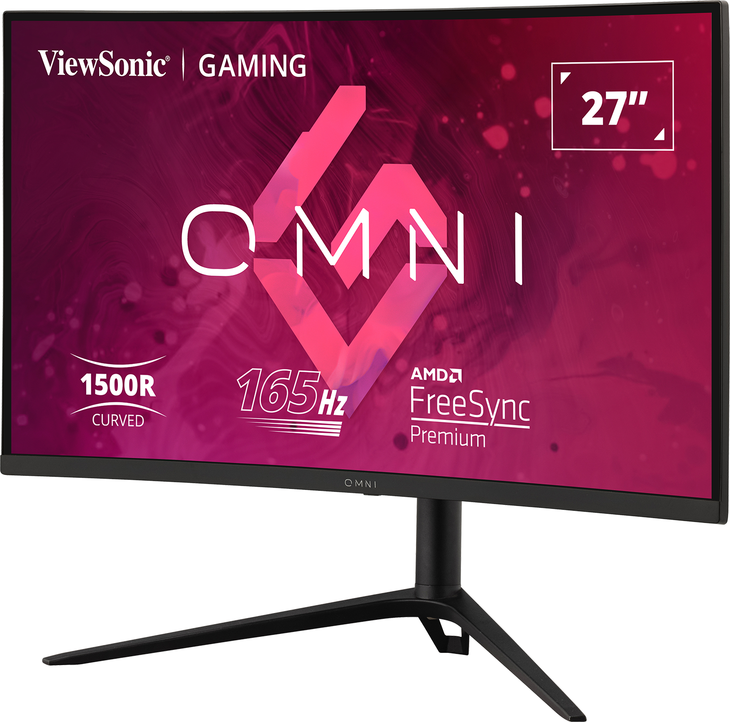27"-es ívelt gaming monitor. Szöveg: OMNI, 165 Hz, 1500R Curved, AMD FreeSync.