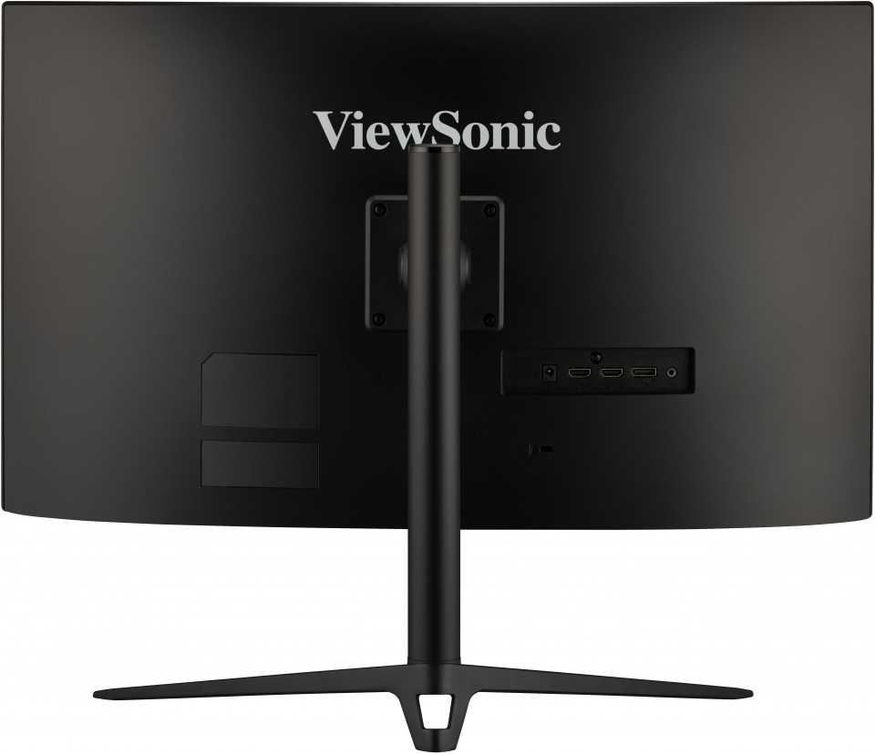 Fekete ViewSonic monitor hátulról, állvánnyal, portokkal és logóval.