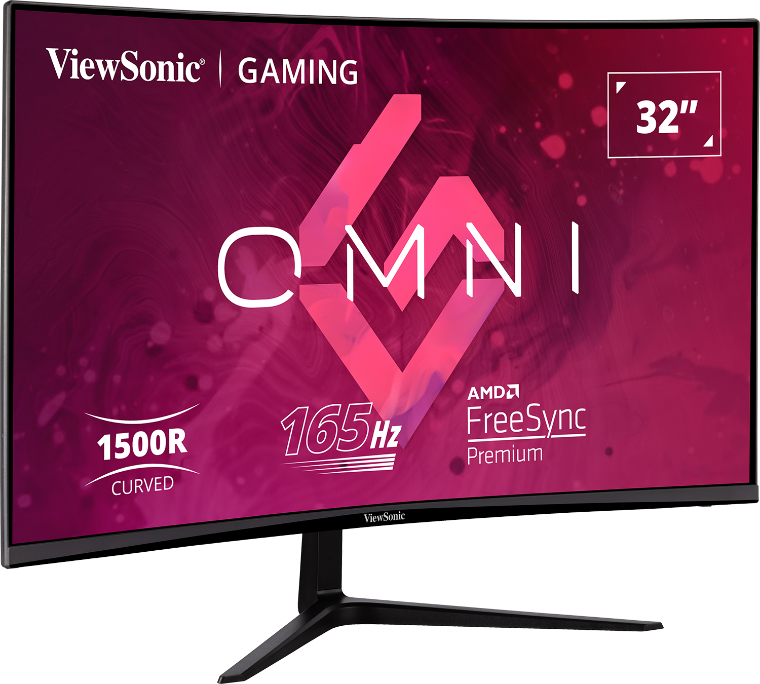 Ívelt gamer monitor 'OMNI' logóval és specifikációkkal: 32", 165Hz, FreeSync.