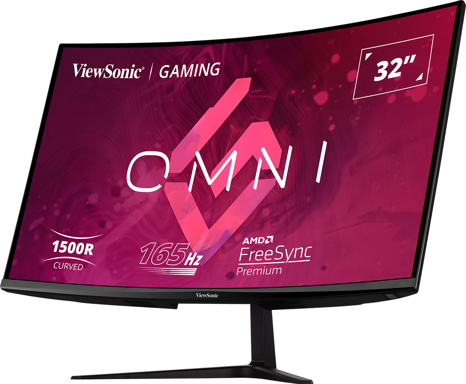 32 hüvelykes ívelt ViewSonic gaming monitor piros OMNI logóval és AMD FreeSync-kel.