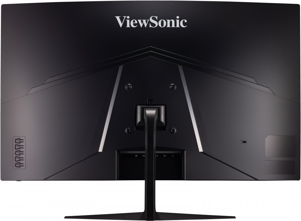 Egy fekete ViewSonic ívelt monitor hátulnézete.