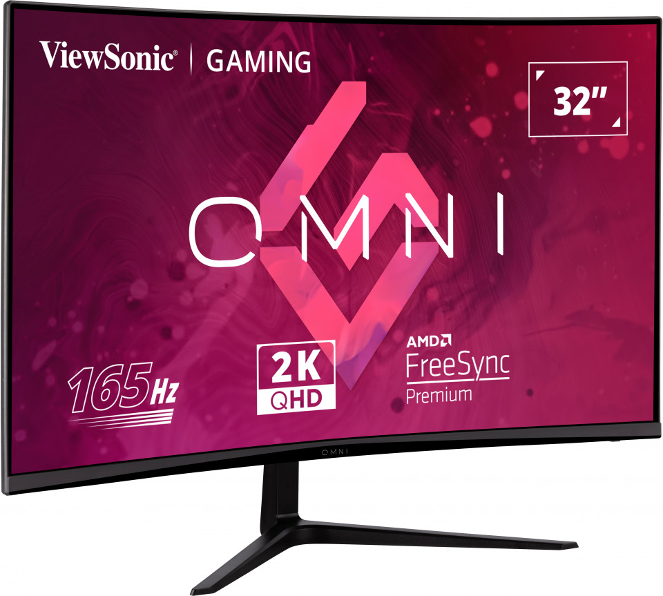 ViewSonic ívelt gaming monitor. Jellemzők: 32", 2K QHD, 165Hz, és AMD FreeSync Premium.