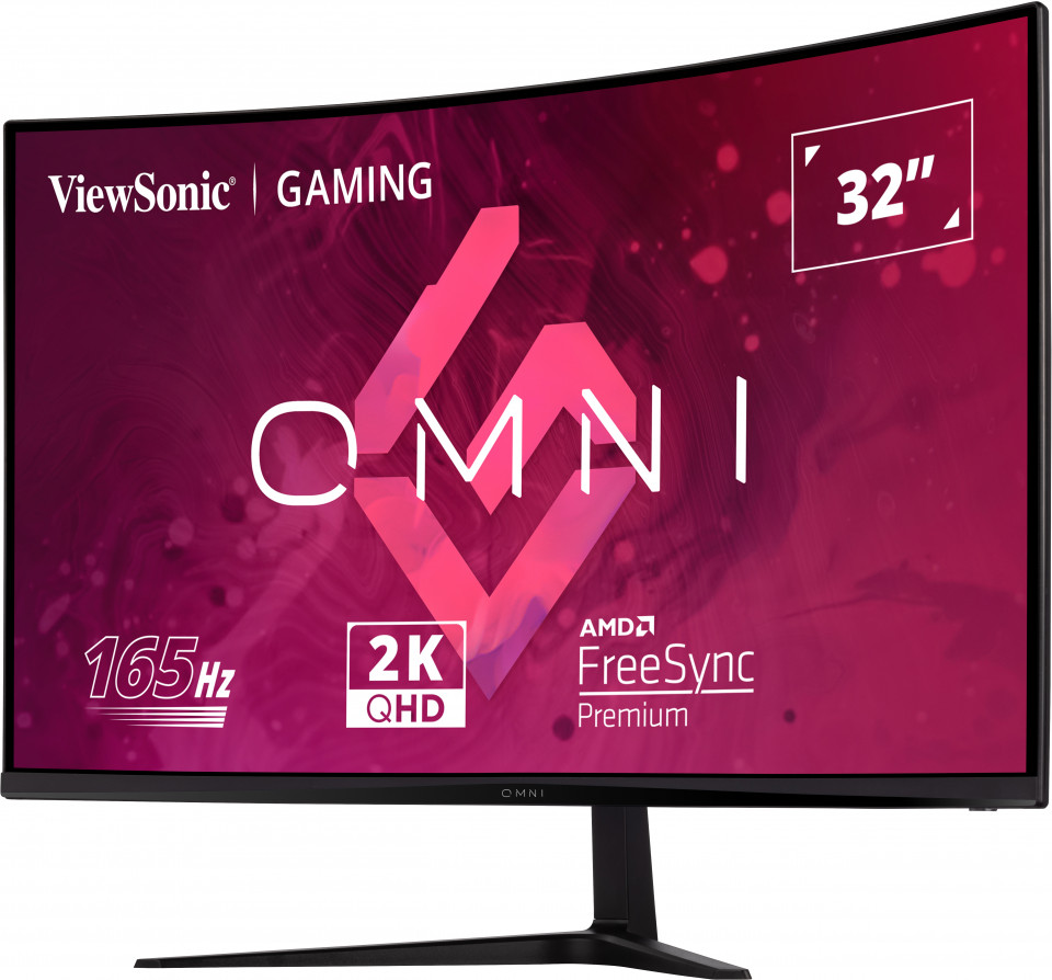Egy ívelt monitor ViewSonic Gaming és OMNI márkajelzéssel, plusz 32" és 165Hz feliratokkal.