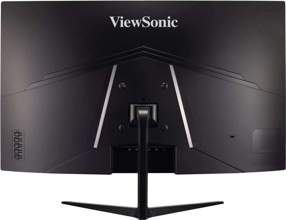 Egy fekete ViewSonic monitor hátulja portokkal és állvánnyal.