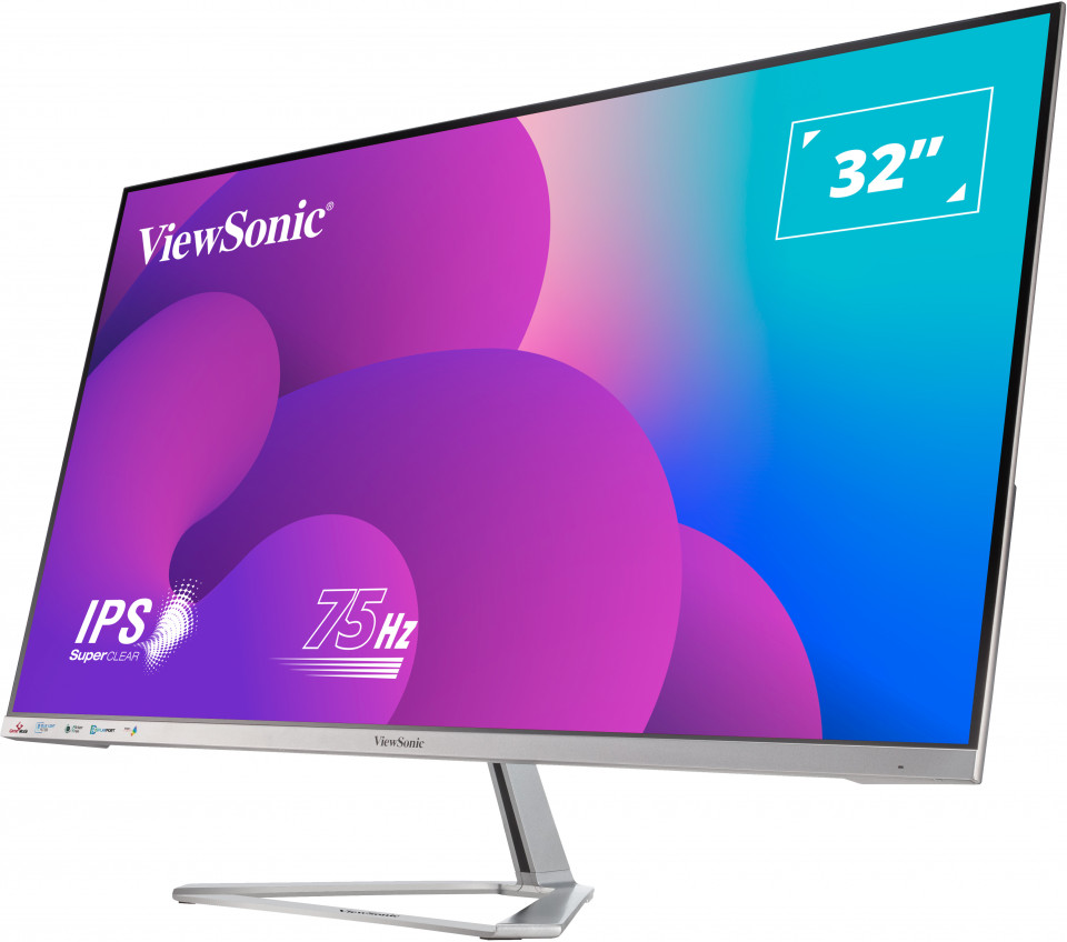 Egy 32 hüvelykes ViewSonic monitor ezüst állvánnyal. A képernyő lila és kék absztrakt formákat jelenít meg. IPS és 75Hz címkékkel rendelkezik.