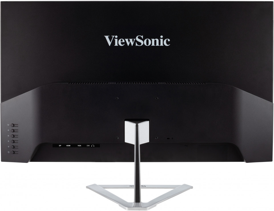 Fekete ViewSonic monitor hátulról, fehér állvánnyal. Portok: DP, HDMI, VGA és audio. Az állvány ezüstszínű és V alakú.