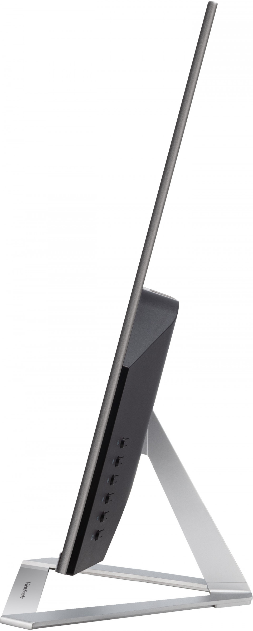 Egy ViewSonic monitor látható oldalról. Sötétszürke képernyője, fekete hátlapja és ezüst állványa van. A logó látható.