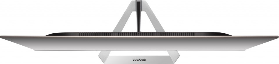 Felülnézet egy ezüstszínű számítógép-monitorról, ViewSonic logóval az állványon. A monitornak vékony kerete van.
