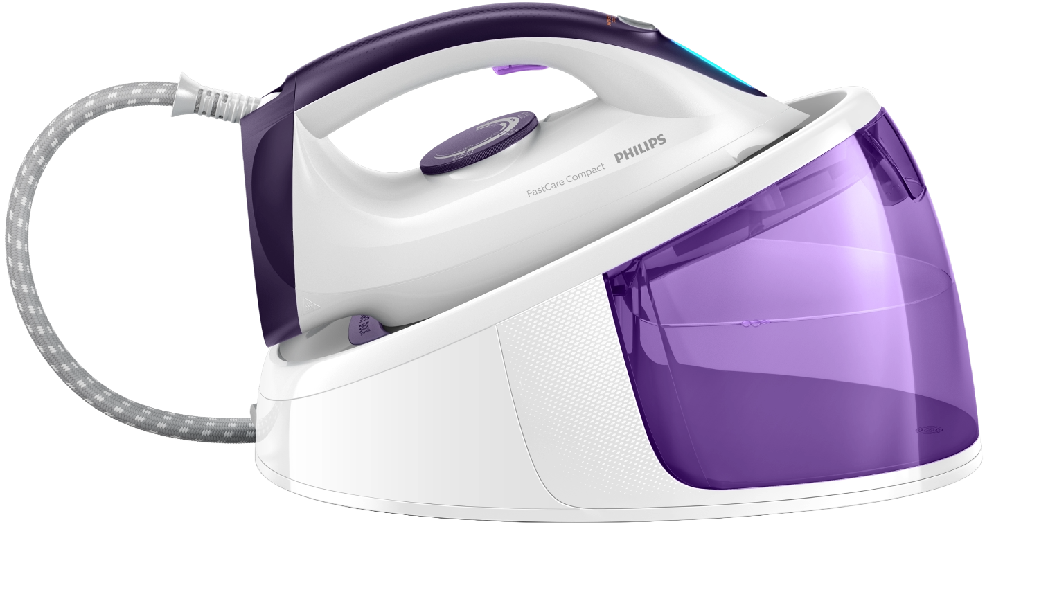 Una plancha Philips FastCare Compact blanca y morada con un depósito de agua morado. El fondo es negro.