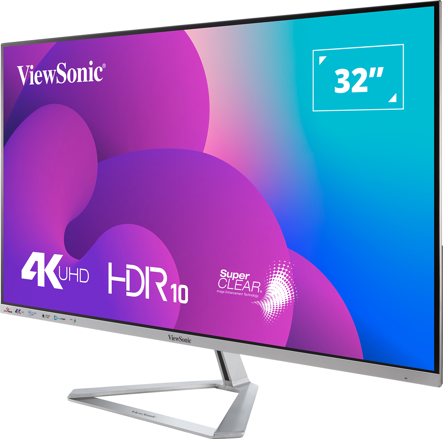 ViewSonic 32" monitor, ezüst állvány. A képernyő lila és kék absztrakt formákat mutat 4K UHD és HDR10 logókkal.