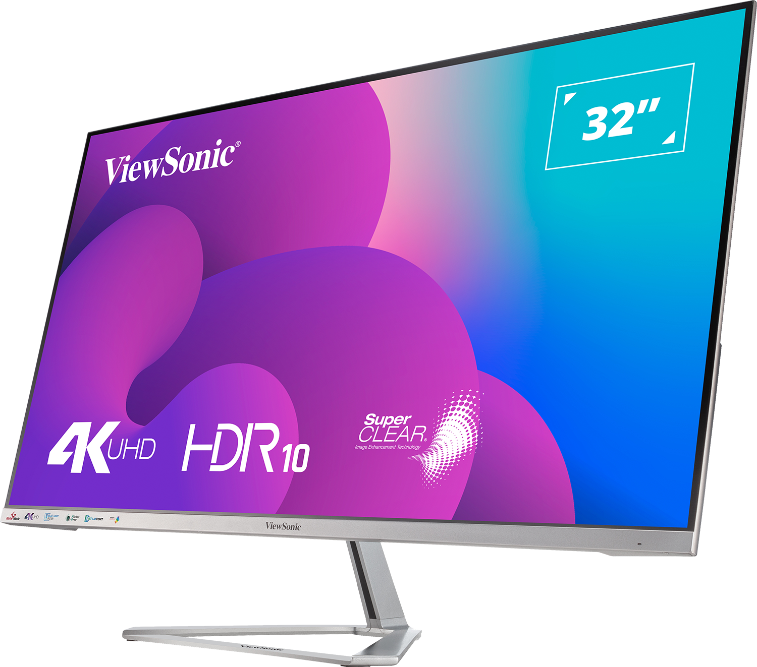 ViewSonic 32" monitor lila és kék háttérrel. 4K UHD, HDR10 és Super Clear technológiával. Ezüst állvány.
