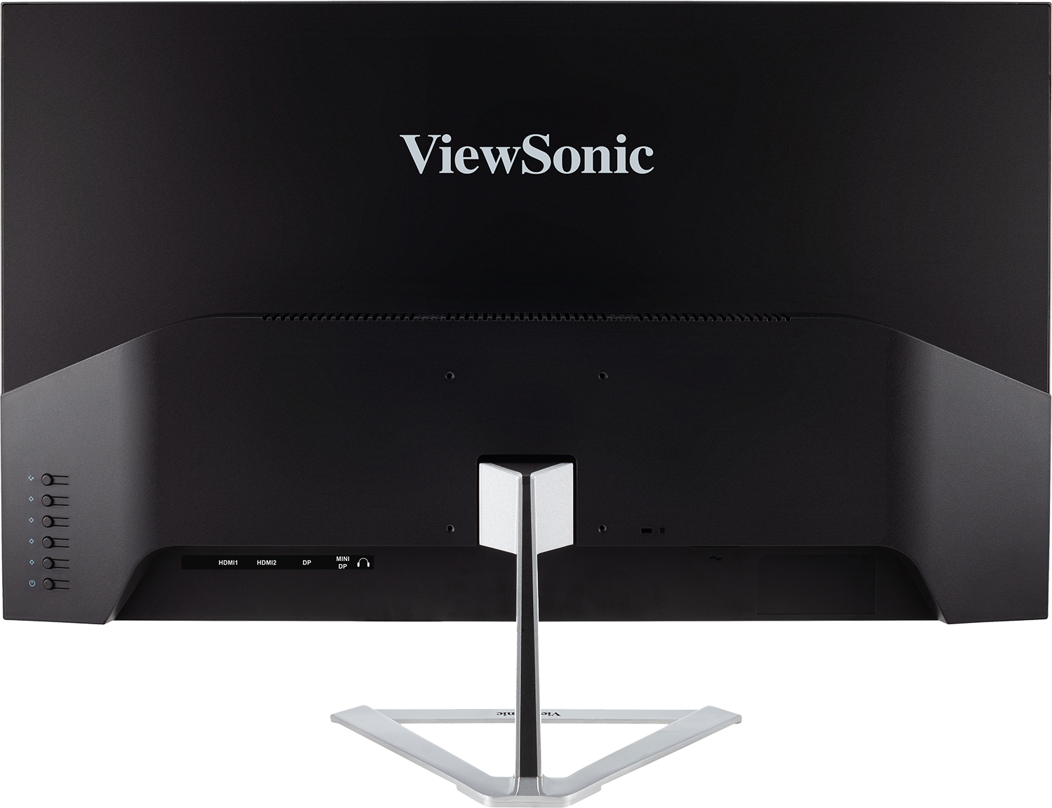 Egy fekete ViewSonic monitor hátulnézete. Fehér állványa és különböző portjai vannak, HDMI1, HDMI2, DP és MINI DP felirattal.