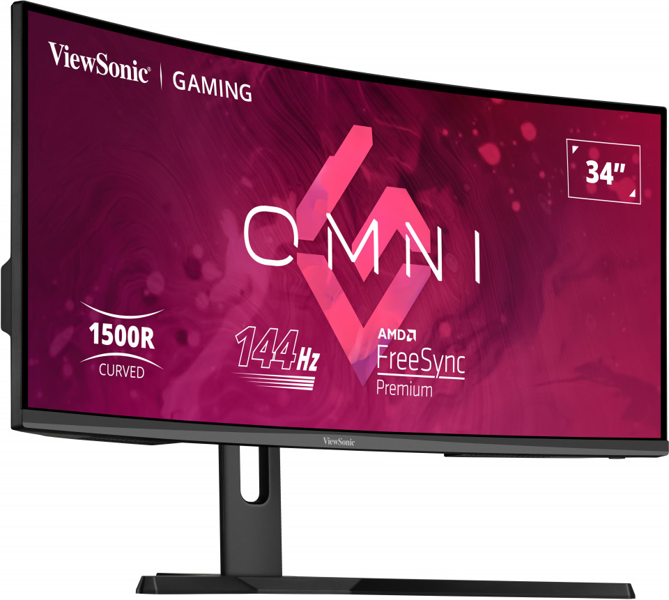 Ívelt 34 hüvelykes monitor OMNI logóval, 144Hz frissítési frekvenciával és AMD FreeSync.