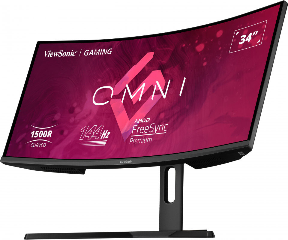 Ívelt gaming monitor ViewSonic és OMNI márkajelzéssel, grafikát mutatva.