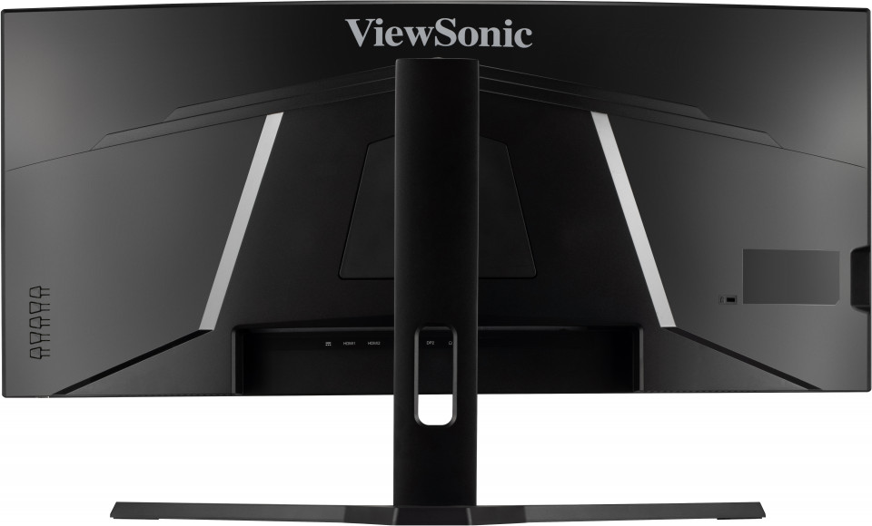 Fekete számítógép monitor hátulról, 'ViewSonic' márkával.