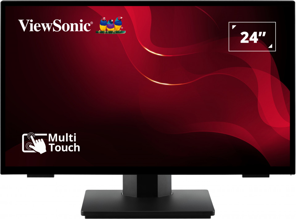 24 hüvelykes ViewSonic monitor piros háttérrel és érintőképernyő ikonnal.