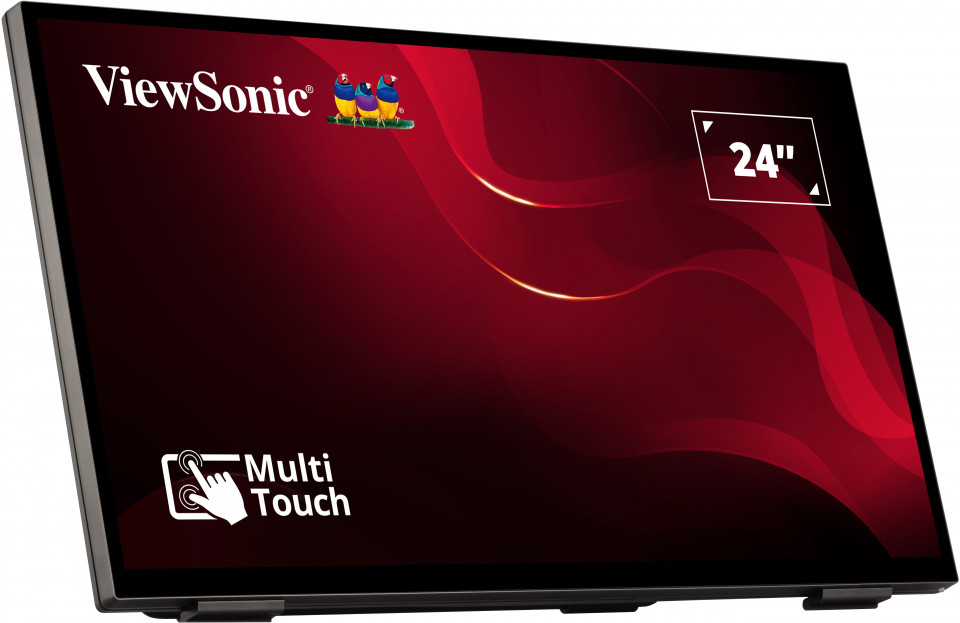 Egy ViewSonic 24"-es multi-touch monitor piros és fekete háttérrel. A képernyő ferdén áll.