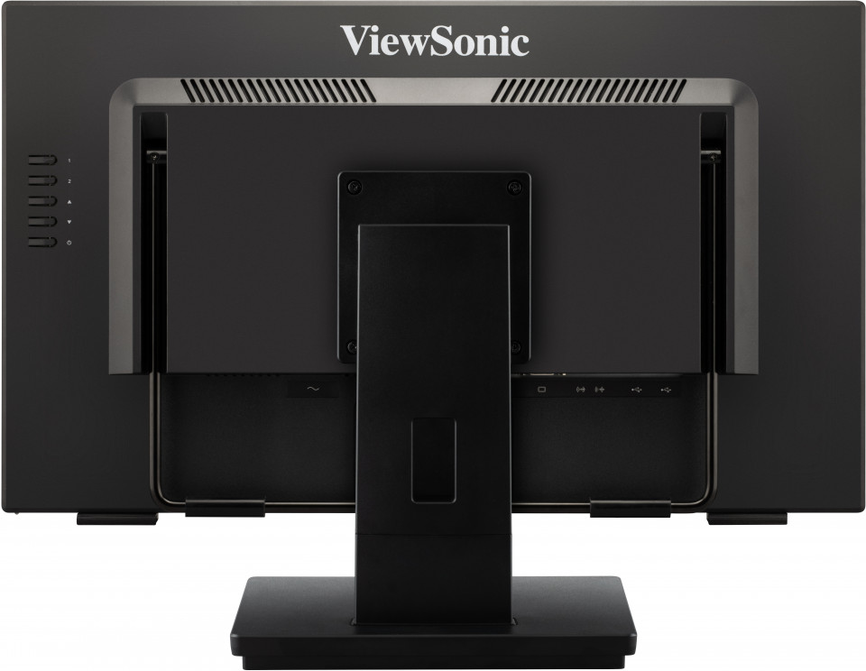 Fekete számítógép monitor hátulnézete ViewSonic logóval, portokkal és állvánnyal.