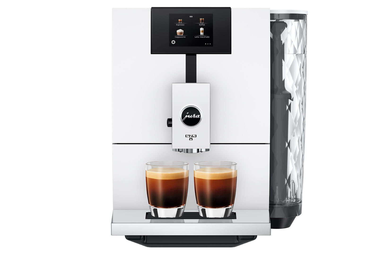 Una cafetera Jura ENA 8 blanca con dos vasos de café.