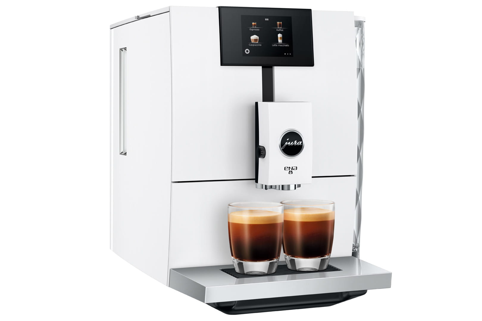 Una cafetera Jura ENA 8 blanca con dos vasos de café.