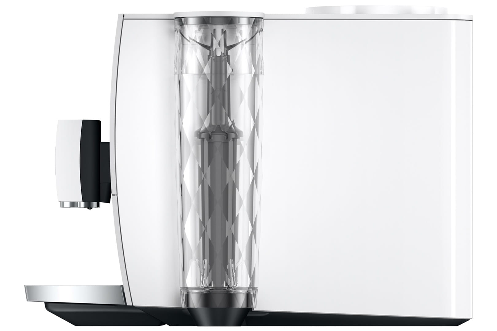 Cafetera blanca y plateada con un recipiente de agua transparente.