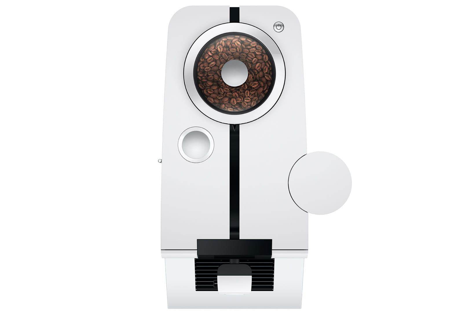 Una cafetera blanca con granos de café en un compartimento transparente y una bandeja.