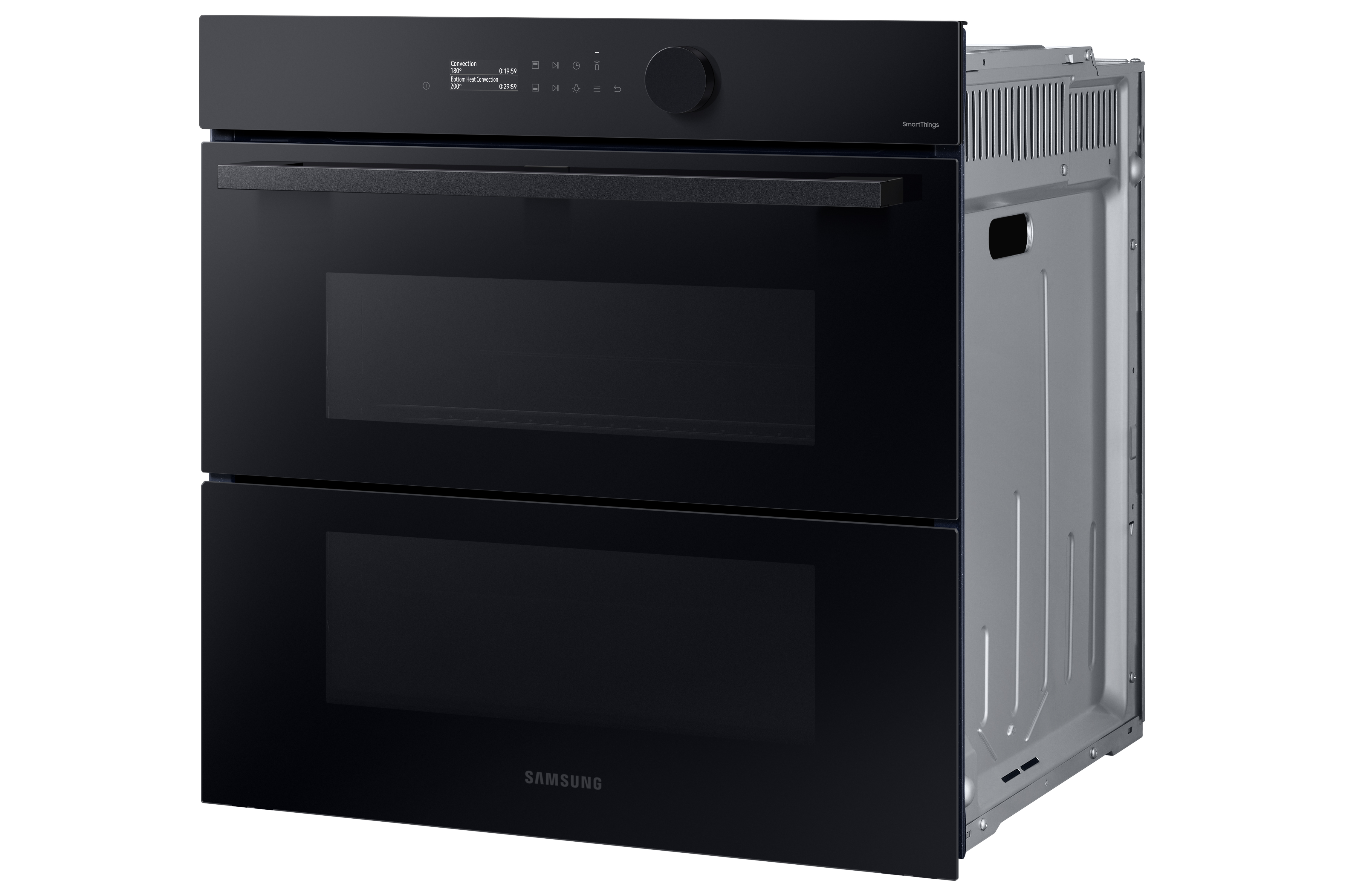 Horno doble Samsung negro con pantalla digital y laterales de acero inoxidable.