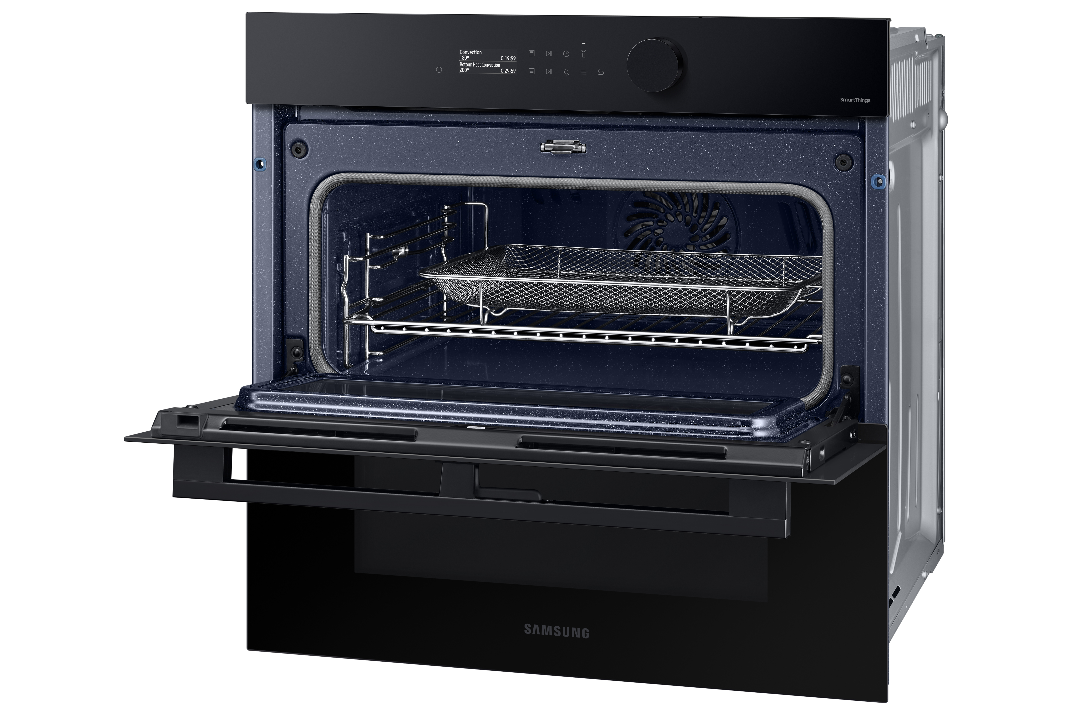 Horno negro abierto que muestra el interior. Una rejilla de alambre está adentro, con un interior azul oscuro.